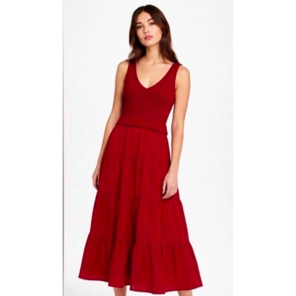 En Saison Alwin Tiered Mixed Media Sleeveless Midi Dress Scarlet Sz. M